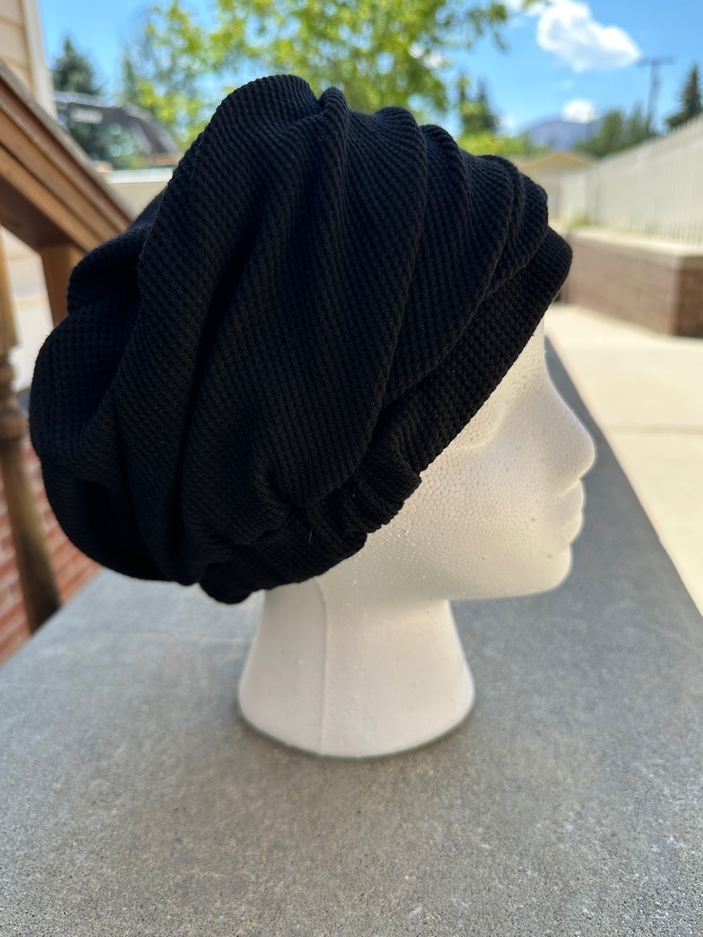 Black Waffle Knit Slouchy Beanie Hat - Tichel Beret snood headcovering